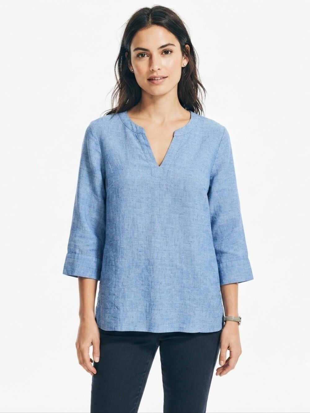 Lands End Linen Tunic Top Womens M Light Blue‎ 3/4 Sleeve Coastal Lagenlook